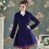 冬裝新款女裝藍色網紗下擺大裙擺長款羊毛呢大衣外套 免運費