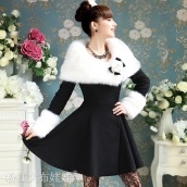 冬款女裝黑色鑲白色毛領斗篷裹肩 名媛加厚毛呢大衣外套 免運費