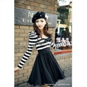 春秋女裝黑白條紋鑲拼雪紡連衣裙蝴蝶結泡泡袖女裝連衣裙【免運費】