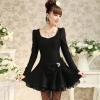 春秋黑色銀絲毛呢裙 釘珠蝴蝶結氣質篷篷裙 泡泡袖大擺連衣裙 免運費