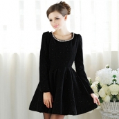 春秋黑色銀絲連衣裙超級閃鉆女裝奢華氣質大擺收腰顯瘦毛呢連衣裙 免運費