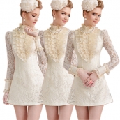 春裝米杏色蕾絲鑲拼荷葉邊修身打底裙長袖顯瘦連衣裙 免運費