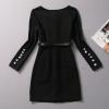 歐美春秋新款女裝紐扣腰帶裝飾長袖修身顯瘦針織氣質連衣裙