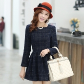 春秋裝新款女裝OL職業氣質淑女千格鳥格子長袖打底修身毛呢子連衣裙打底裙 免運費