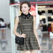 韓版新款春秋女裝 氣質名媛風 甜美翻領無袖閃亮燙金呢子打底連衣裙 免運費