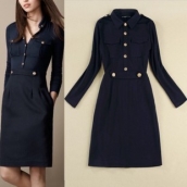 歐美新款女裝氣質英倫風翻領口袋肩章修身中長款連衣裙 免運費