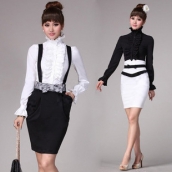 春秋新款女裝宮廷風格打底襯衣 雙層荷葉邊修身喇叭袖 長袖女裝襯衫 免運費