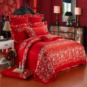 鸞鳳情緣 鳥語花香 婚慶多件套 全棉蕾絲花邊大紅 包郵