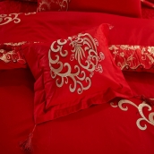 鸞鳳情緣 鳥語花香 婚慶多件套 全棉蕾絲花邊大紅 包郵
