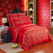 鸞鳳情緣 鳥語花香 婚慶多件套 全棉蕾絲花邊大紅 包郵