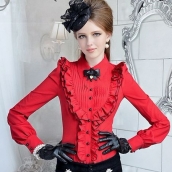 春秋新款女裝大紅色百褶襯衣 修身OL荷葉邊長袖襯衫 免運費