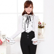 白色荷葉邊領春款女裝 黑緞帶蝴蝶結泡泡袖襯衣 長袖喇叭袖襯衣 免運費 