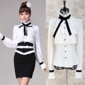 春裝新款女裝 白色荷葉邊蝴蝶結修身襯衣 氣質淑女立領長袖襯衫 免運費