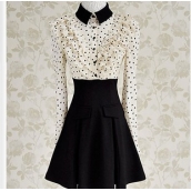 春裝杏底黑愛心鑲拼荷葉邊襯衫 氣質長袖連衣裙 修身波點雪紡裙 免運費