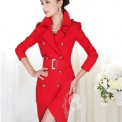 新款女裝紅色雙排扣郁金香修身風衣 緊身長袖大衣 免運費